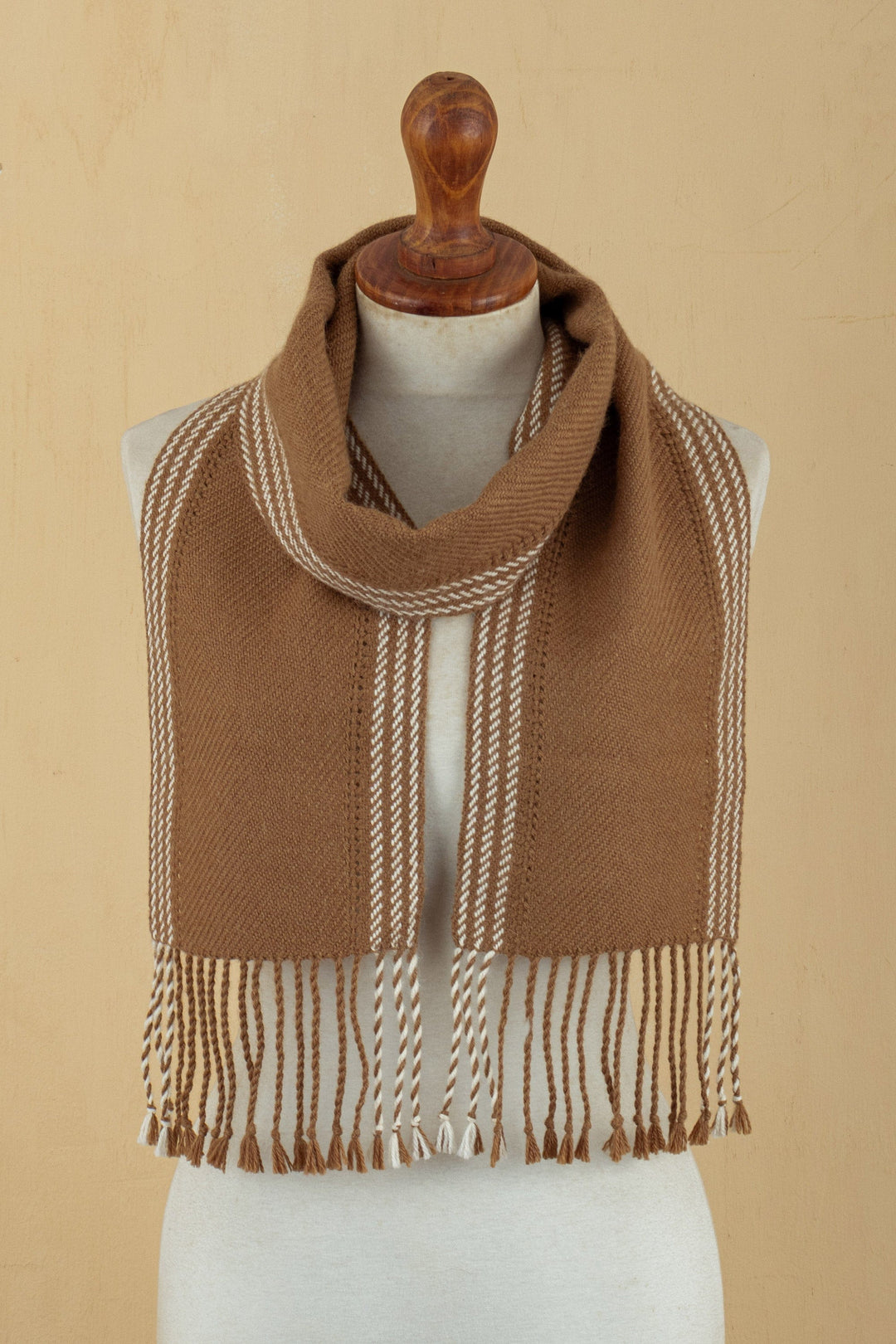 Striped & Fringed Brown Scarf Hand-Woven in 100% Baby Alpaca - Warmth