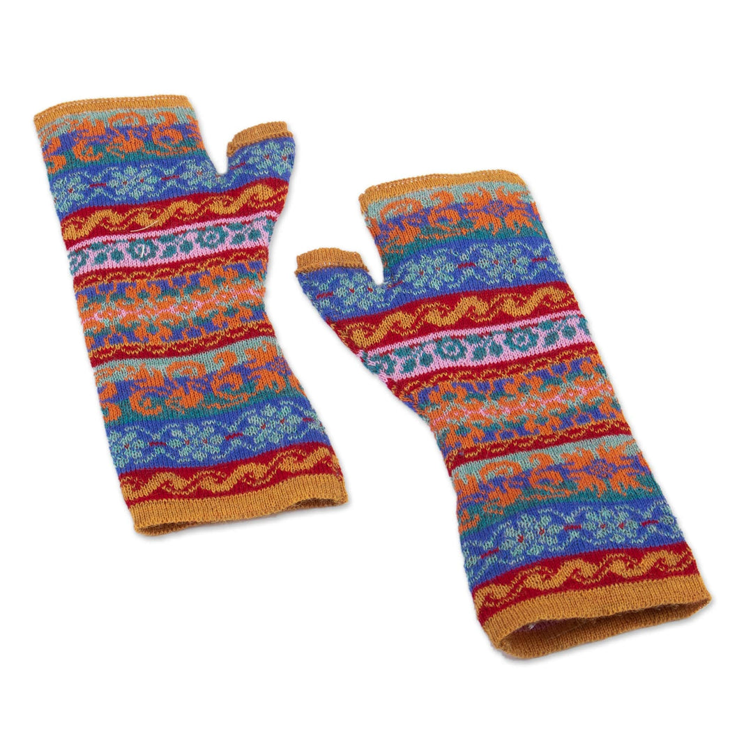 Patterned 100% Baby Alpaca Fingerless Mitts Knitted in Peru - Andean Delight