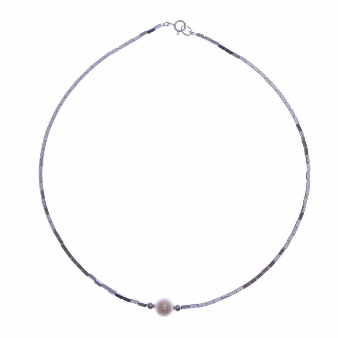 Hematite Beaded Necklace with Pink Cultured Pearl Pendant - The Magic of Compassion