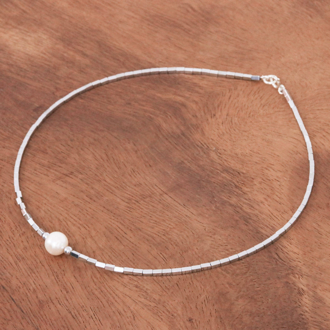 Hematite Beaded Necklace with Pink Cultured Pearl Pendant - The Magic of Compassion