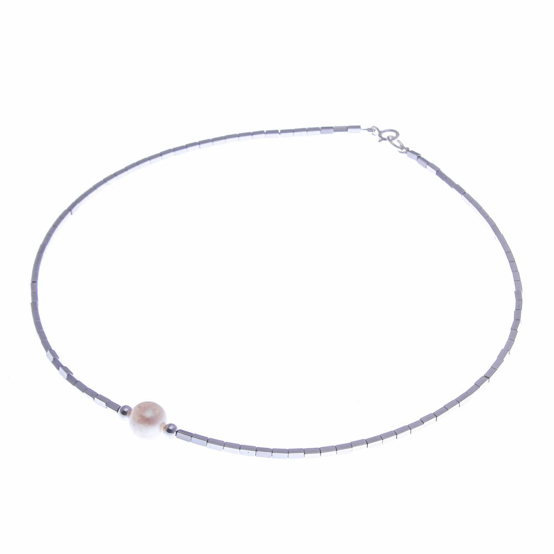 Hematite Beaded Necklace with Pink Cultured Pearl Pendant - The Magic of Compassion