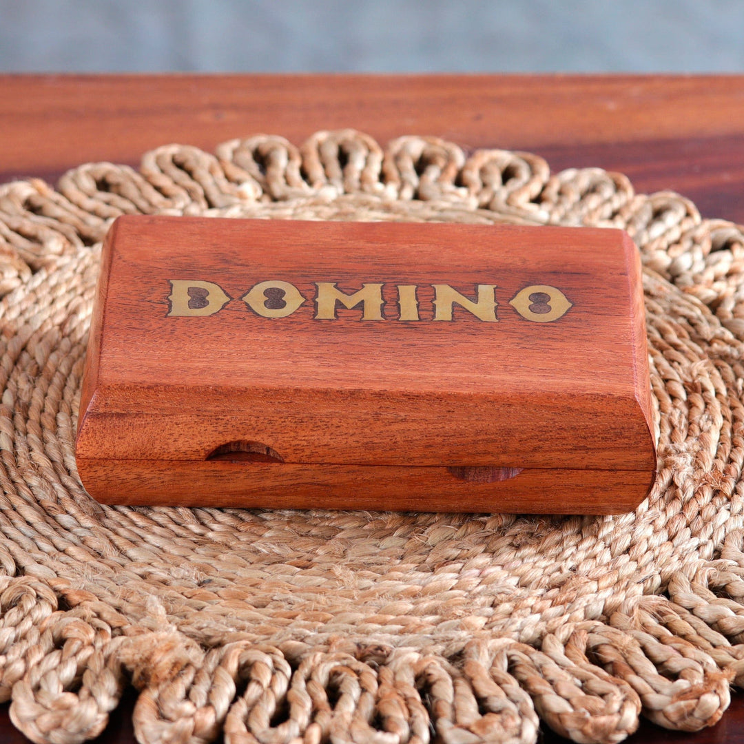 Handcrafted Brown Acacia Wood Domino Set with Brass Accents - Master Match