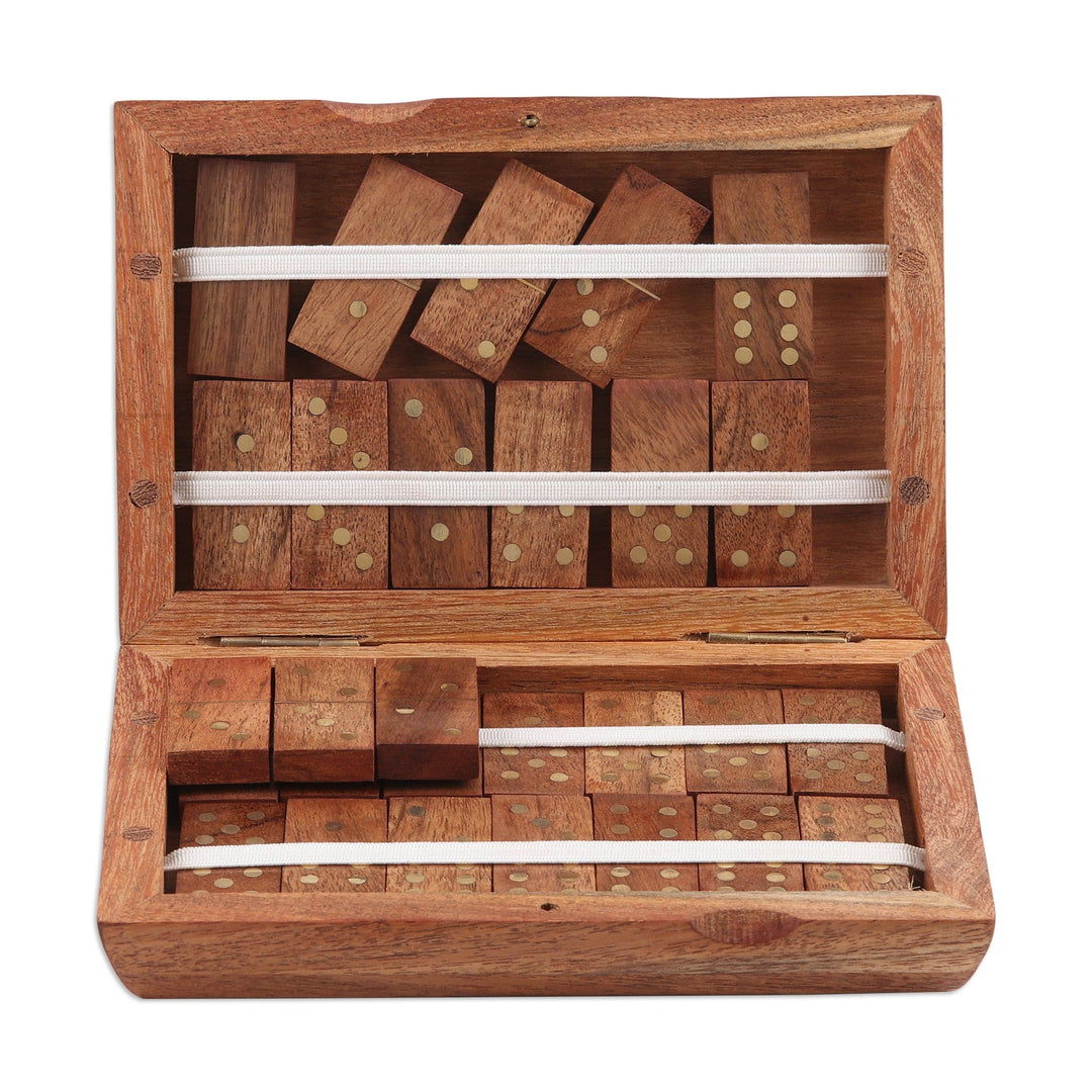 Handcrafted Brown Acacia Wood Domino Set with Brass Accents - Master Match