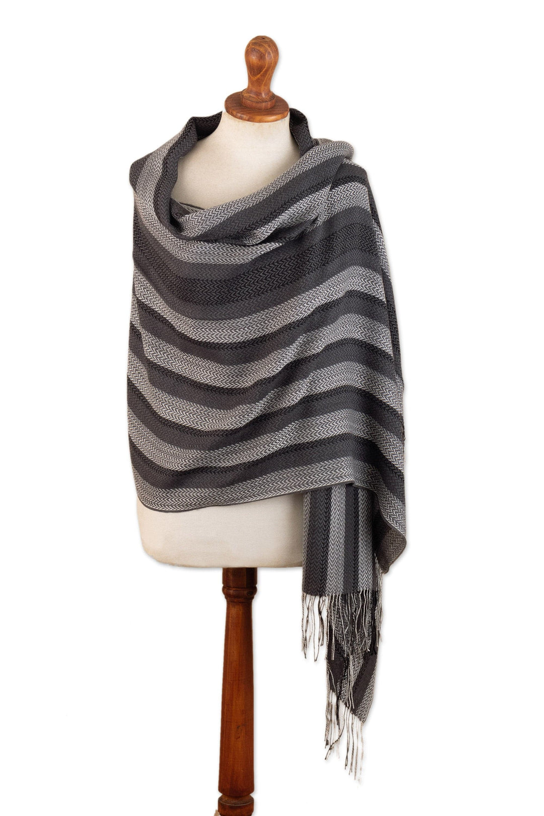 Handloomed Baby Alpaca Blend Striped Shawl in Black and Grey - Classic Shades