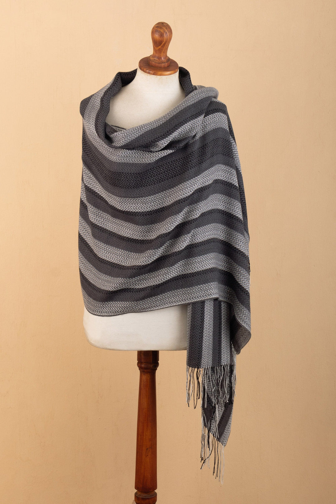 Handloomed Baby Alpaca Blend Striped Shawl in Black and Grey - Classic Shades