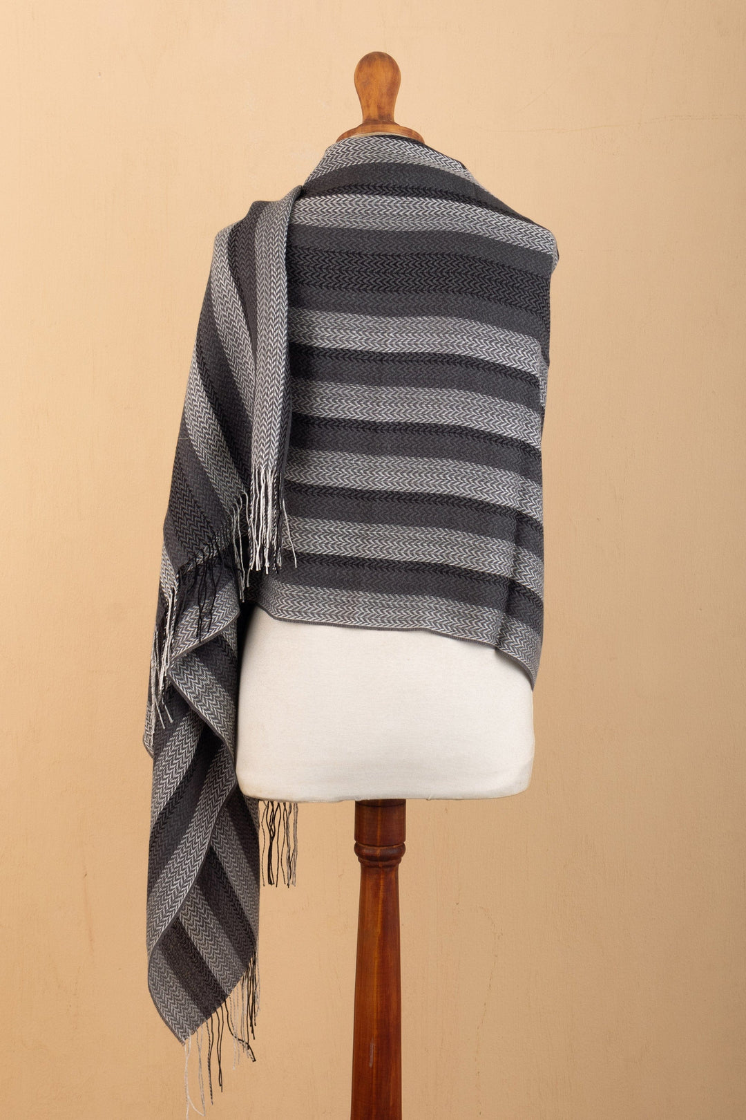 Handloomed Baby Alpaca Blend Striped Shawl in Black and Grey - Classic Shades
