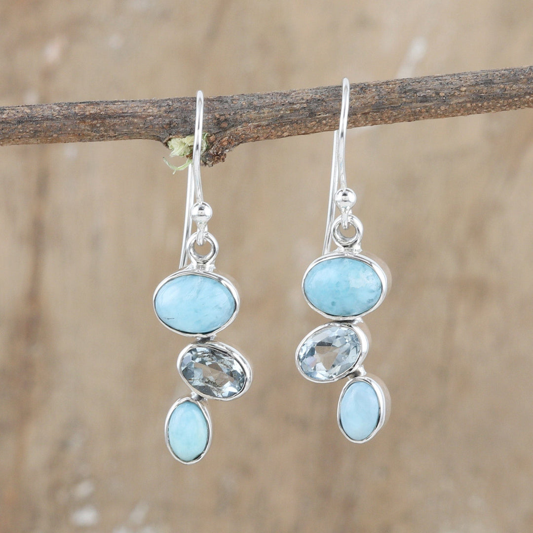 Sterling Silver Dangle Earrings with Larimar and Blue Topaz - Trendy Trio