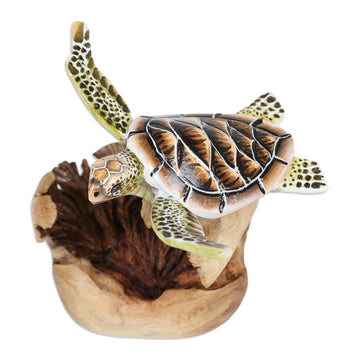 Sea Turtle Wood Sculpture with Mushroom-Shaped Base - Turtle in The Sea