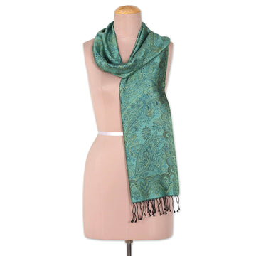 Woven Reversible Jamawar Fringed Silk Scarf in Turquoise - Magical Garden