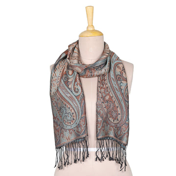 Paisley and Leafy Turquoise and Beige Silk Scarf from India - Serene Paisley Facets