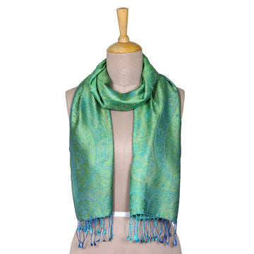 Green and Turquoise Silk Scarf with Leafy and Classic Motifs - Green Heaven