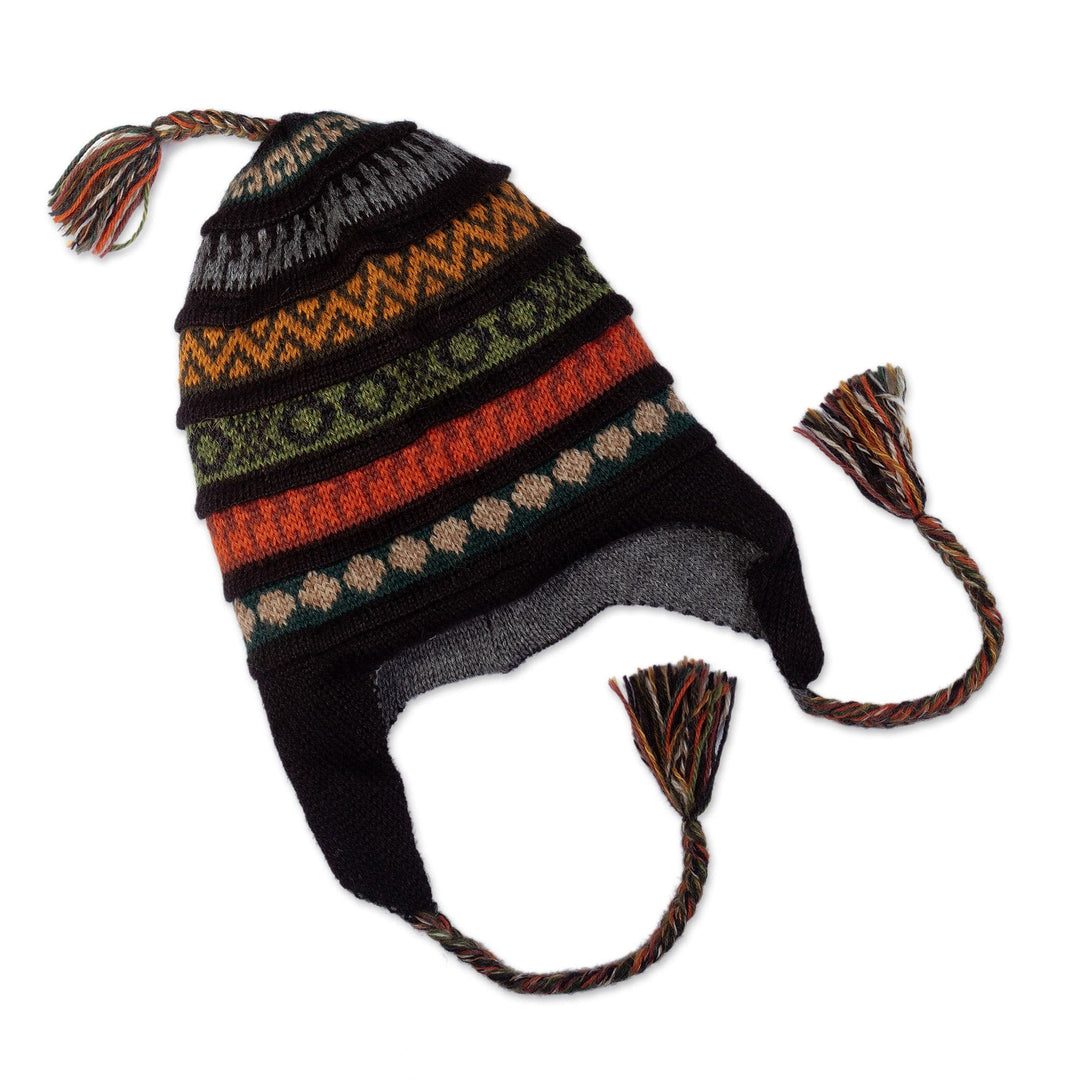 Handwoven Reversible Black and Grey Alpaca Blend Chullo Hat - Nocturnal Adventure
