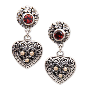 925 Silver Heart Dangle Earrings with Garnet & Gold Accents - Frangipani Heart