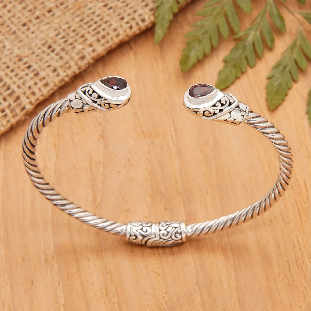 Balinese Sterling Silver Cuff Bracelet with Garnet Gems - Perseverance Fates