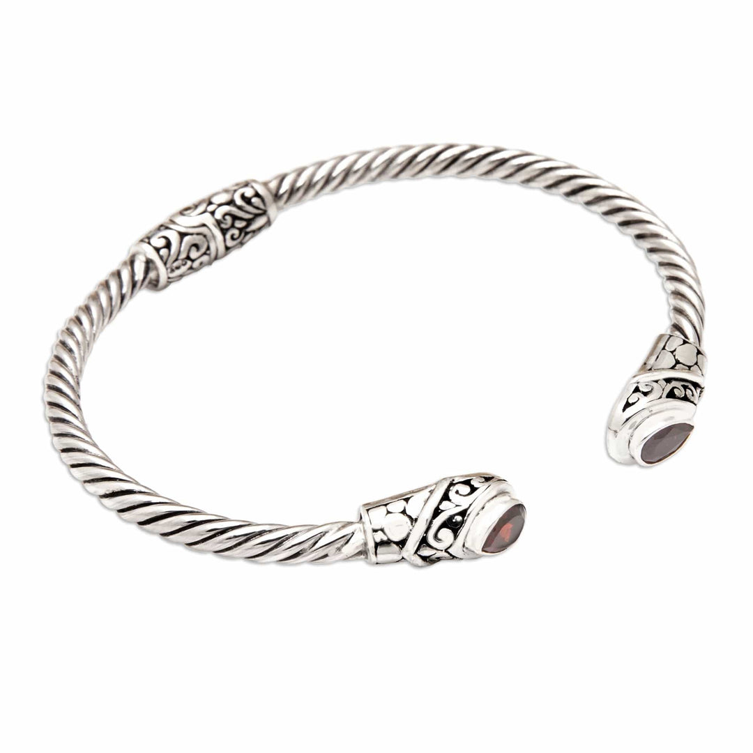 Balinese Sterling Silver Cuff Bracelet with Garnet Gems - Perseverance Fates