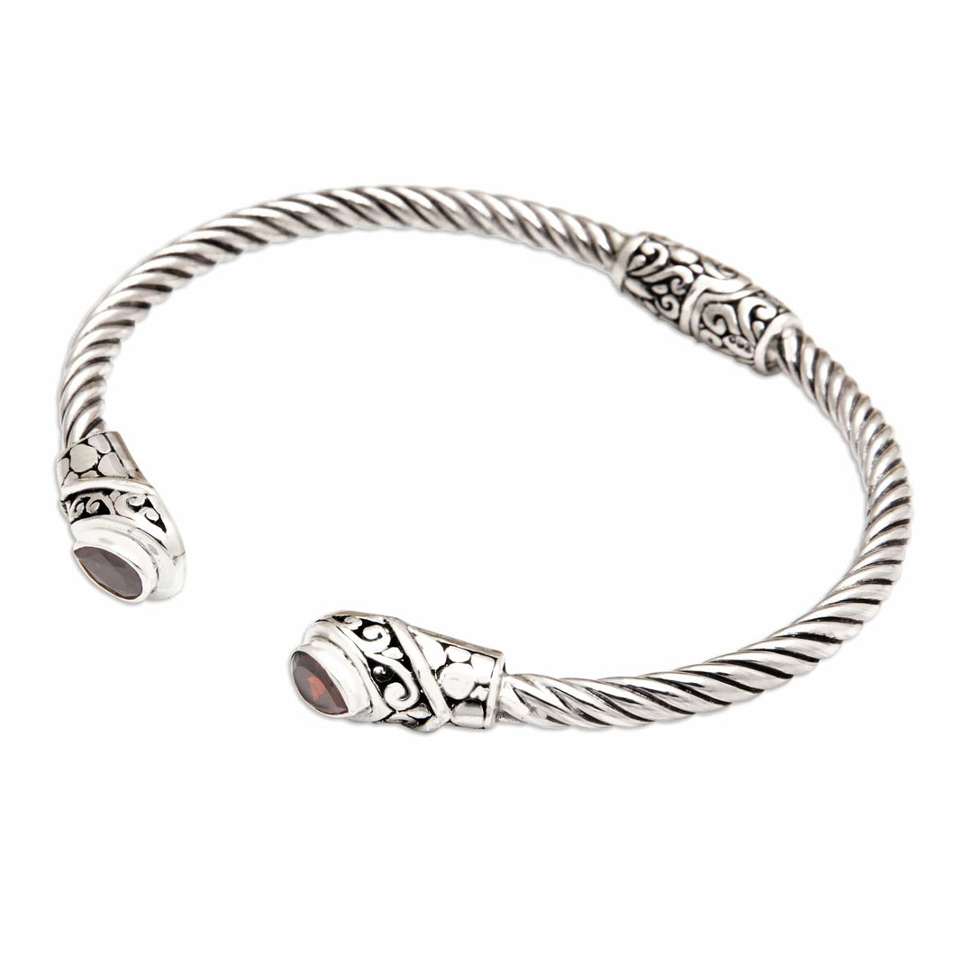 Balinese Sterling Silver Cuff Bracelet with Garnet Gems - Perseverance Fates