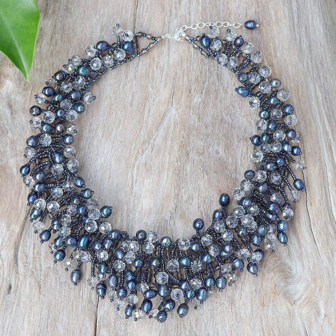 Clear Glass Beaded Waterfall Necklace with Black Pearls - Rain of Mystery