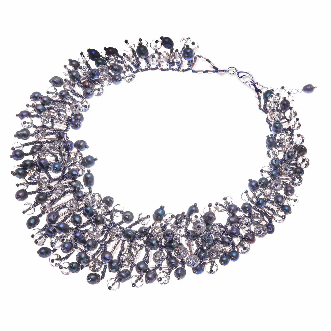 Clear Glass Beaded Waterfall Necklace with Black Pearls - Rain of Mystery