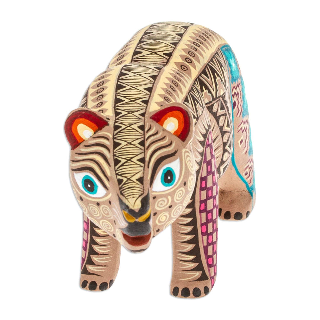 Handmade Geometric Brown Copal Wood Bear Alebrije Figurine - The Noble Master in Brown