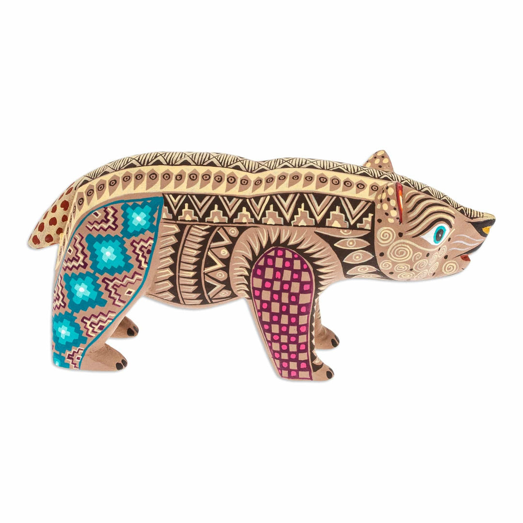 Handmade Geometric Brown Copal Wood Bear Alebrije Figurine - The Noble Master in Brown