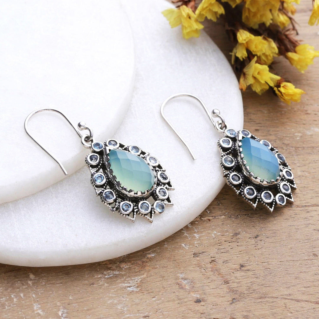 Seven-Carat Blue Topaz and Chalcedony Dangle Earrings - Paradise Present