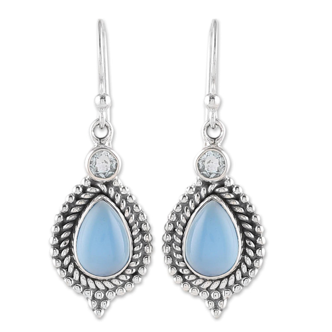 Chalcedony Cabochon and Blue Topaz Dangle Earrings - Heaven's Triumph