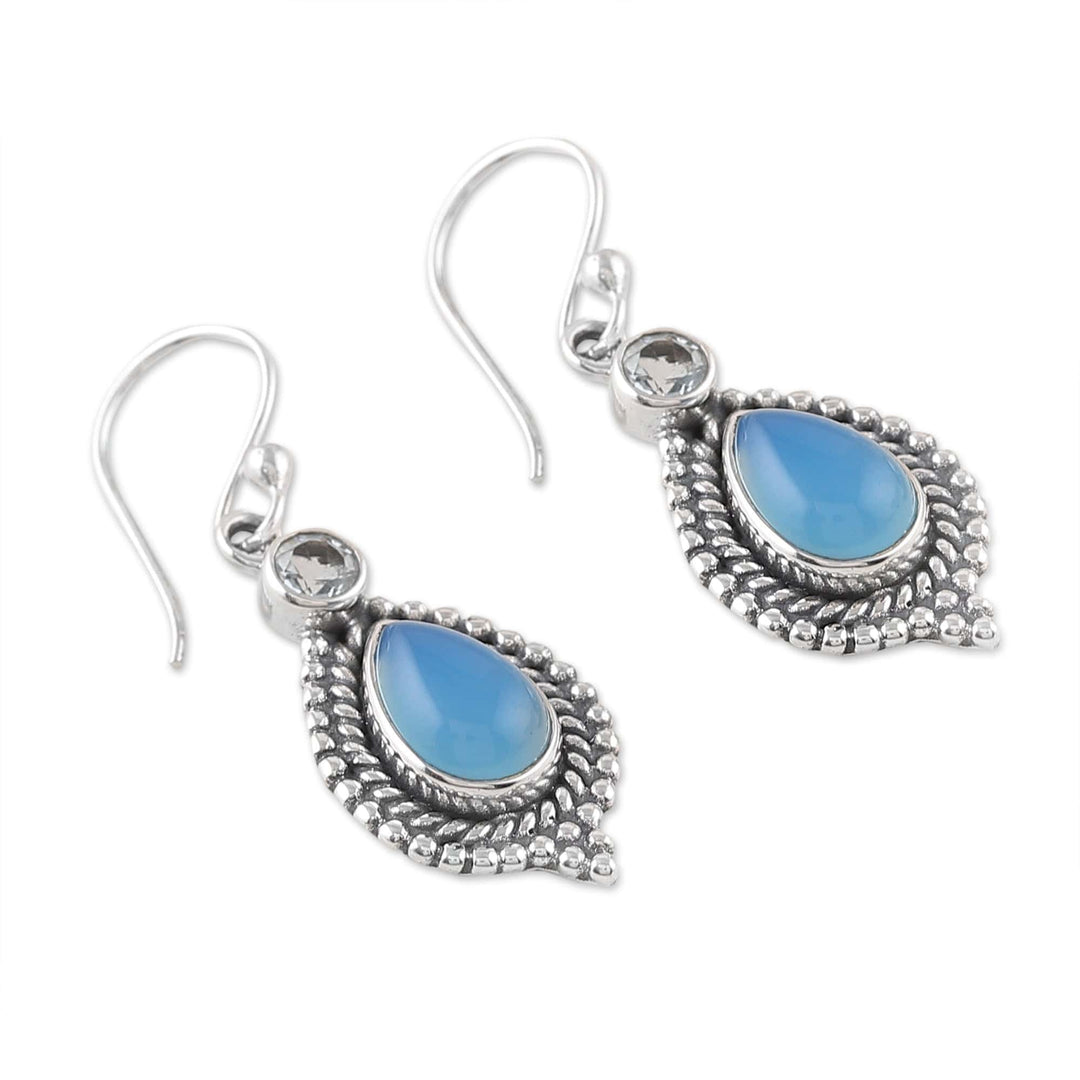 Chalcedony Cabochon and Blue Topaz Dangle Earrings - Heaven's Triumph