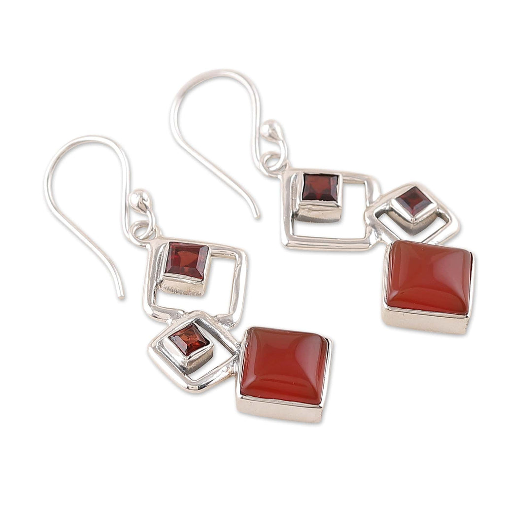 Geometric Natural Garnet and Carnelian Dangle Earrings - Nouvelle Red