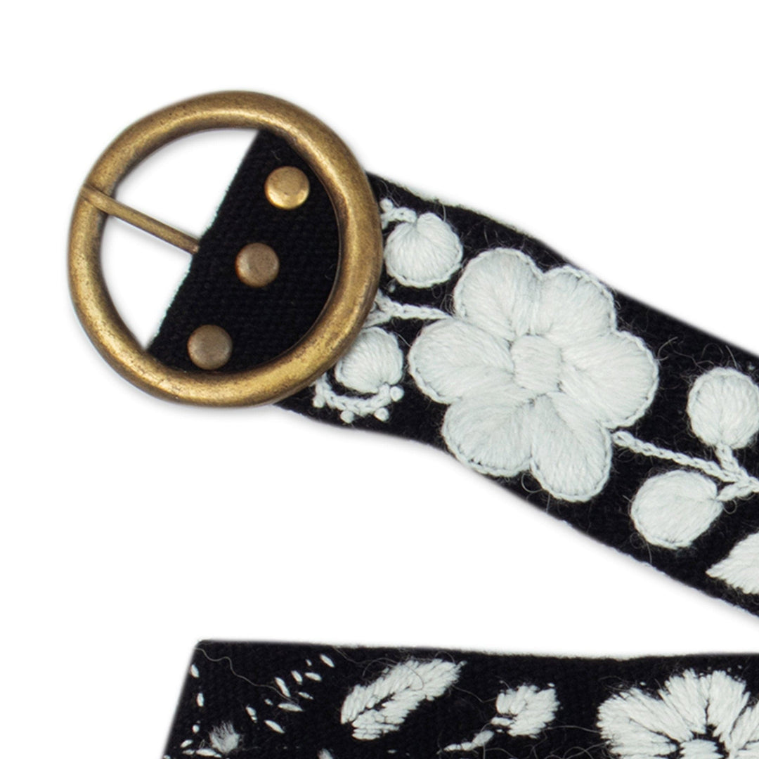 Black & White Hand-Woven & Hand-Embroidered Floral Wool Belt - White Flowers