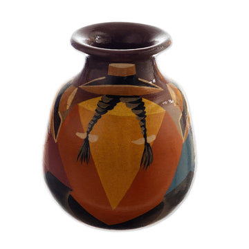 Colorful Hand-Painted Andean-Themed Ceramic Decorative Vase - Andean Braids in Brown
