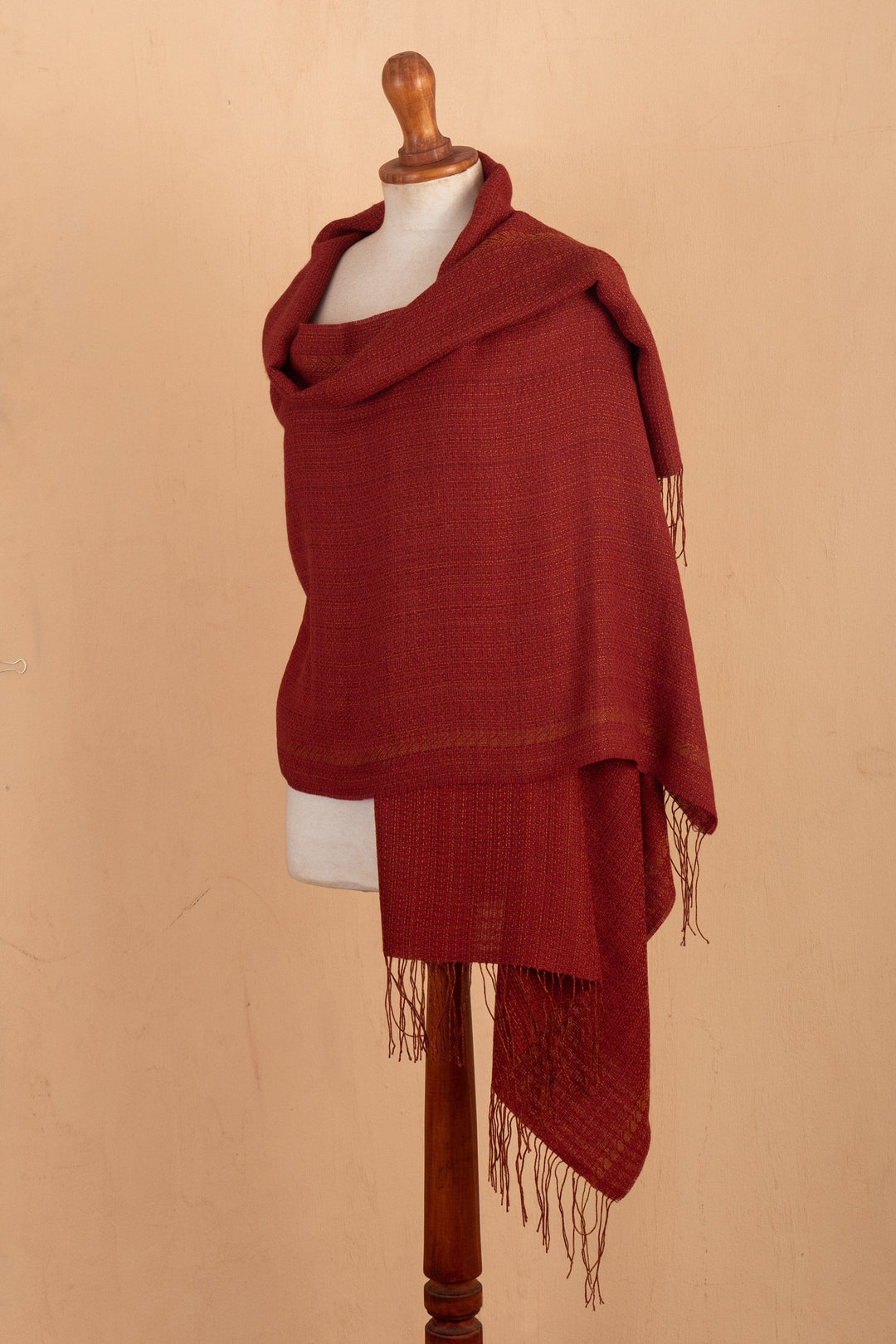 Knit Baby Alpaca Blend Fringed Shawl in Red & Yellow - Crimson Beauty