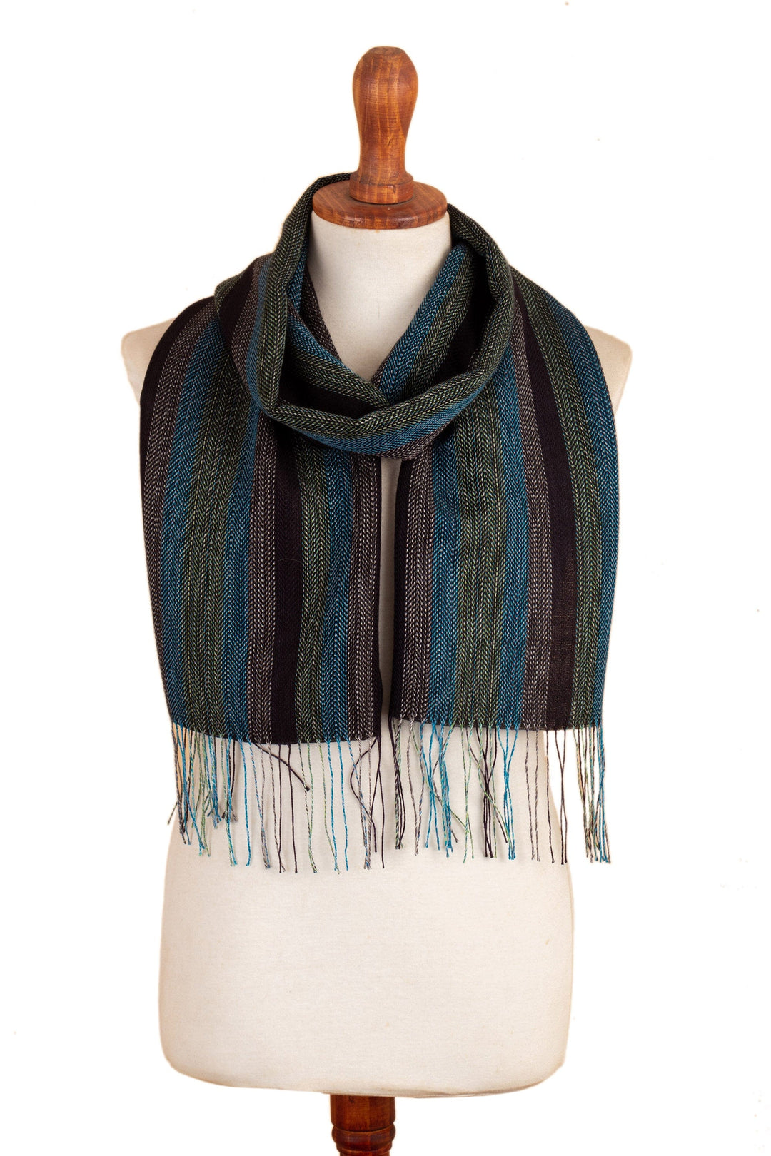Handwoven Baby Alpaca Blend Scarf with Cyan Stripes - Cyan Vitality