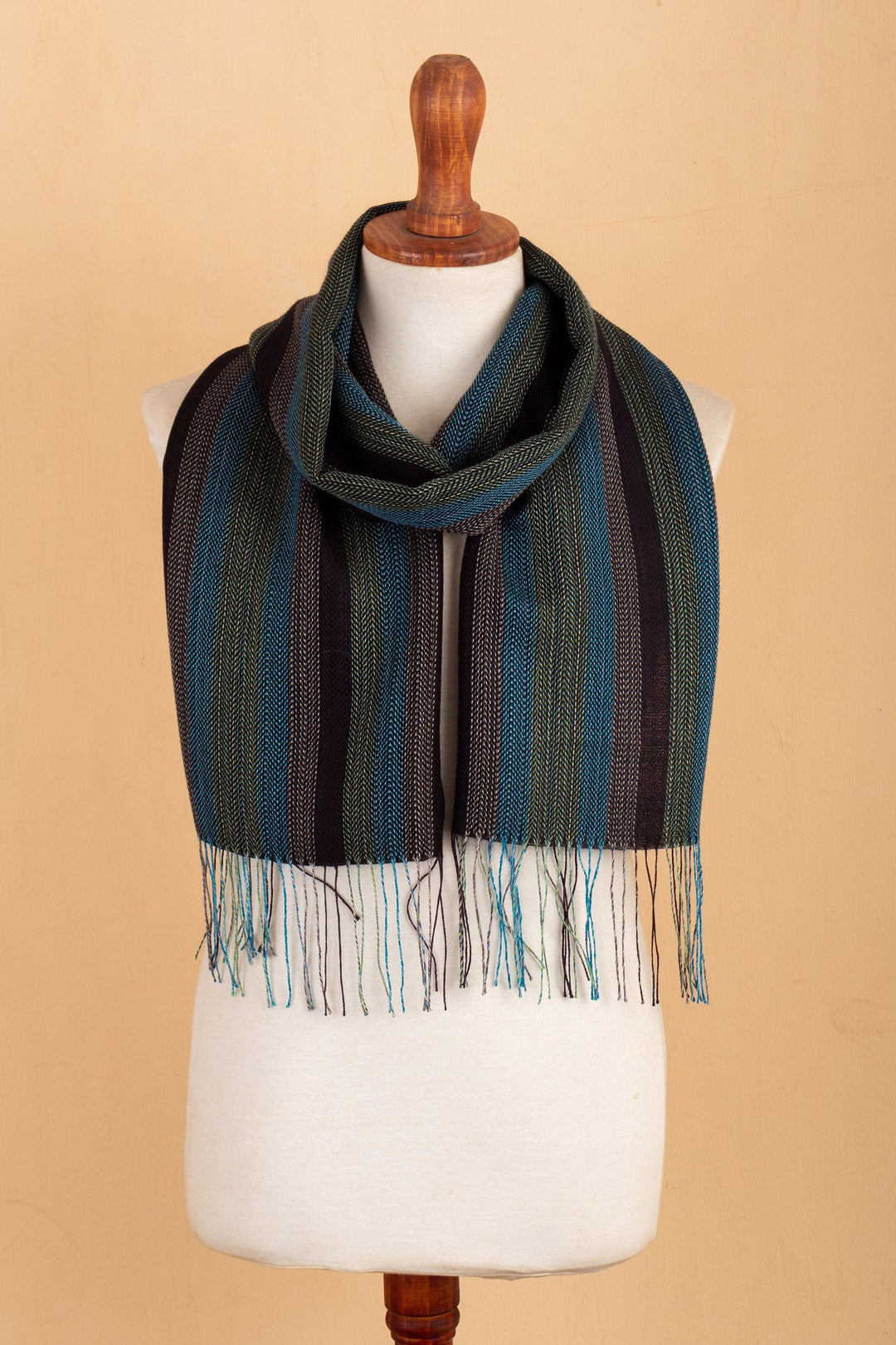 Handwoven Baby Alpaca Blend Scarf with Cyan Stripes - Cyan Vitality