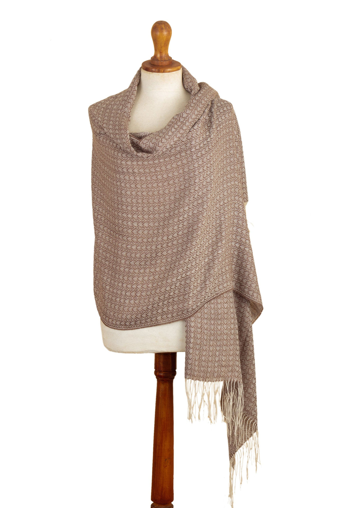 Handwoven Patterned Alpaca Blend Shawl in Sepia and Ivory - Sepia Beauty