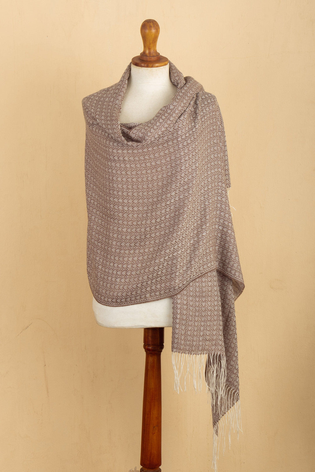 Handwoven Patterned Alpaca Blend Shawl in Sepia and Ivory - Sepia Beauty