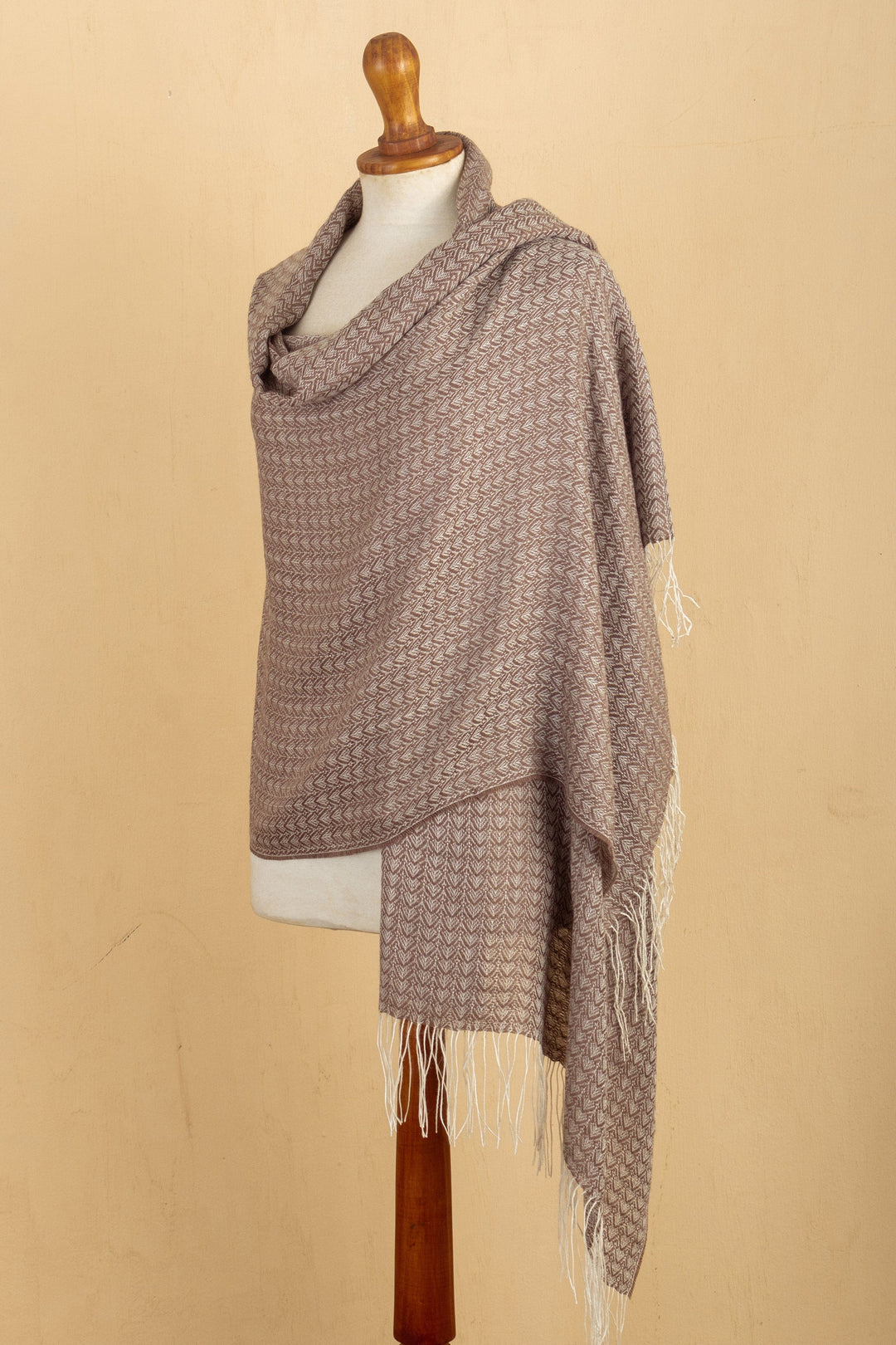 Handwoven Patterned Alpaca Blend Shawl in Sepia and Ivory - Sepia Beauty