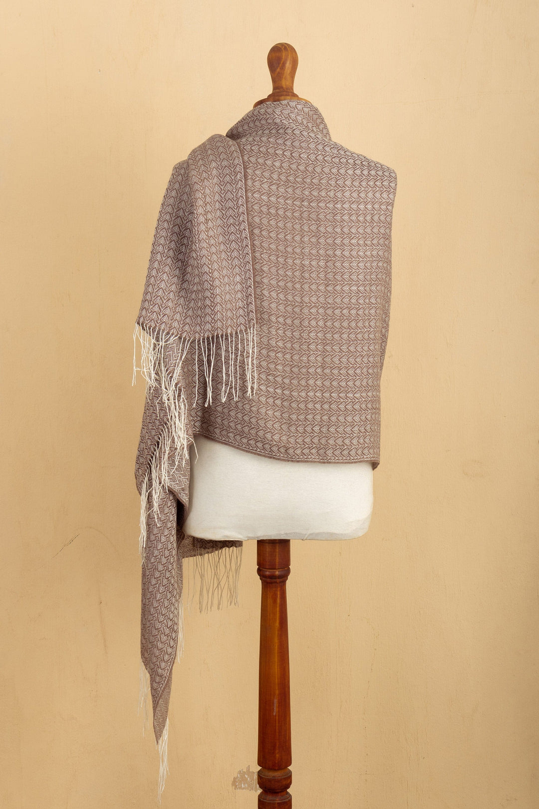 Handwoven Patterned Alpaca Blend Shawl in Sepia and Ivory - Sepia Beauty