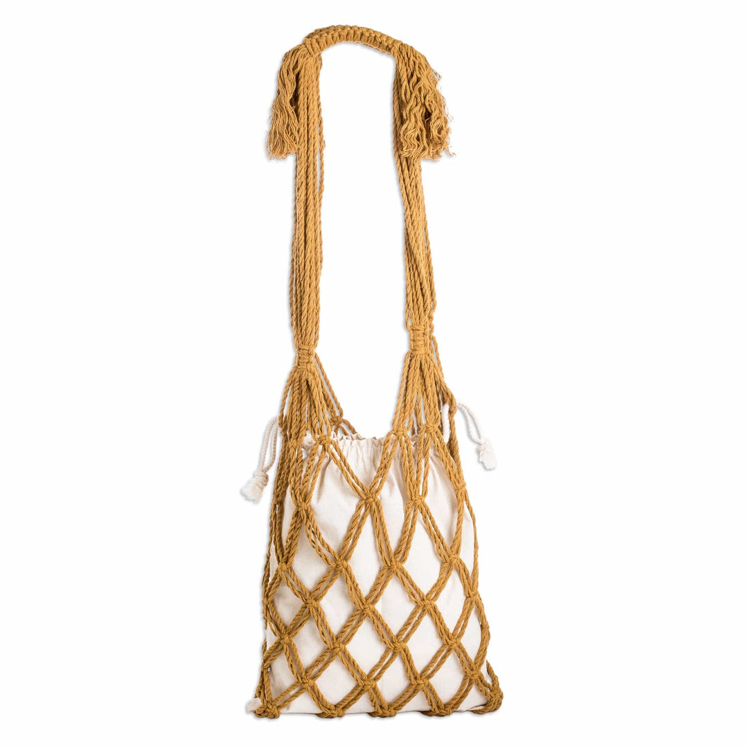 Cotton Macrame Tote Bag in Ivory and Honey from El Salvador - Happy Day