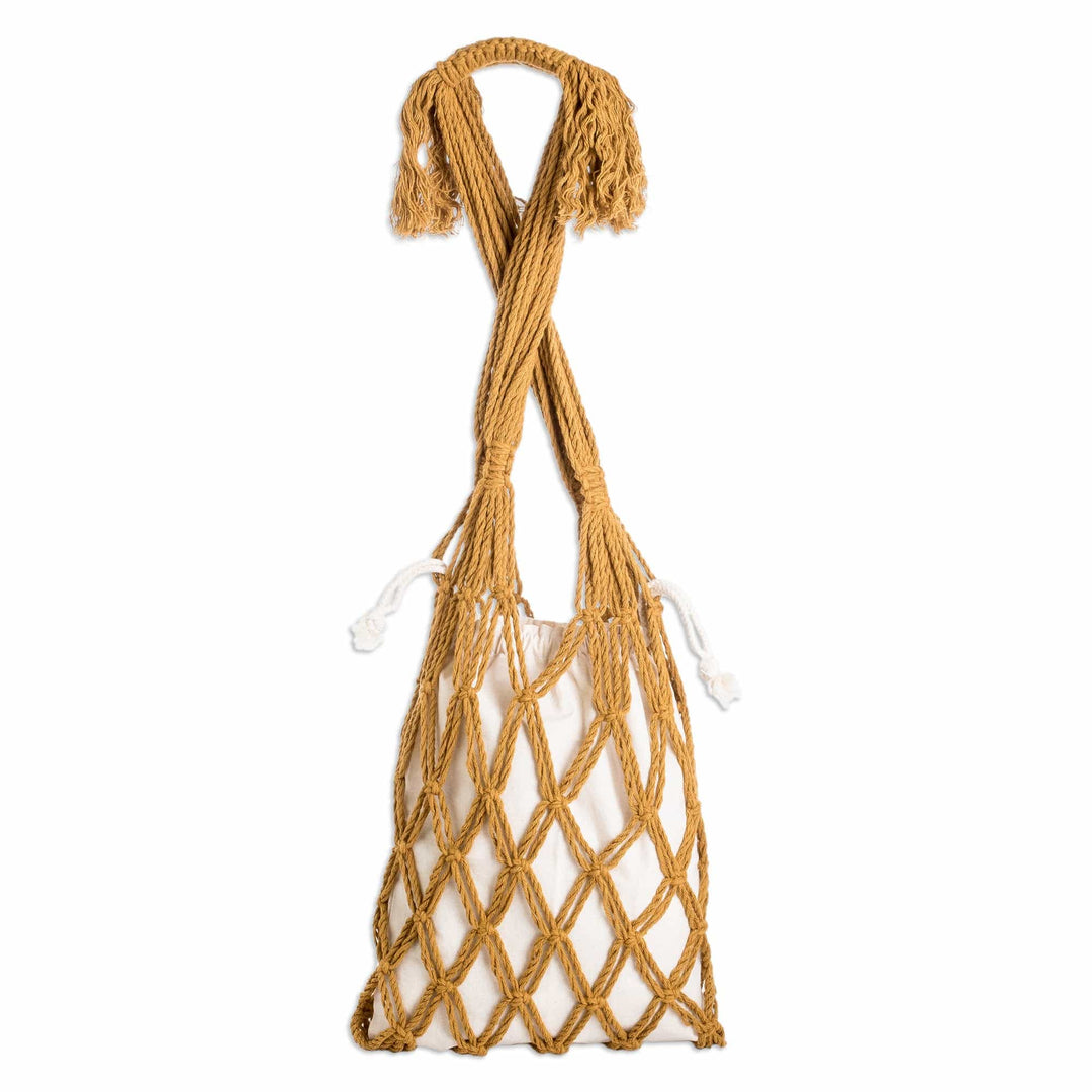 Cotton Macrame Tote Bag in Ivory and Honey from El Salvador - Happy Day