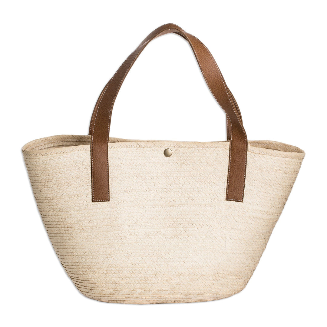 Faux-Leather Accented Beige Natural Fiber Shoulder Bag - El Zonte Beach