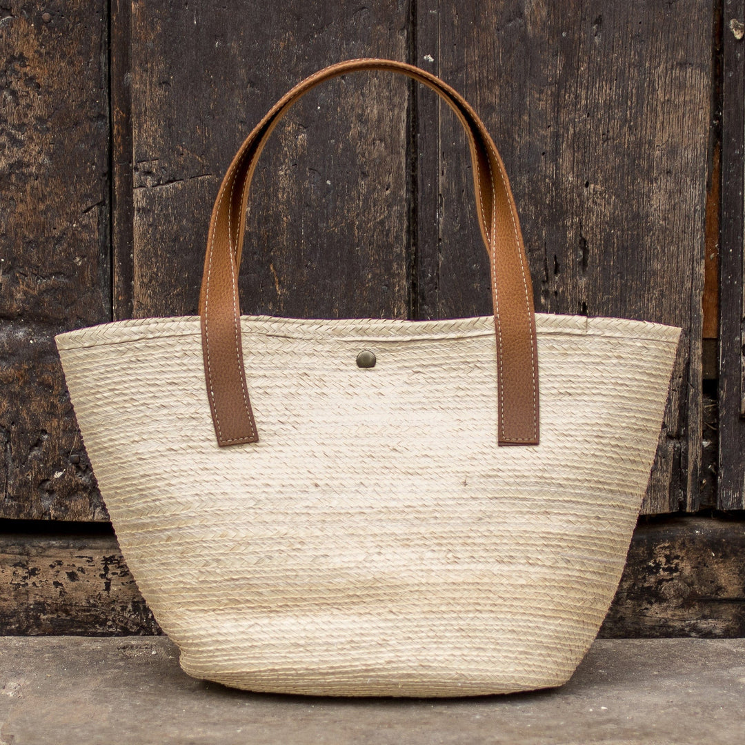 Faux-Leather Accented Beige Natural Fiber Shoulder Bag - El Zonte Beach