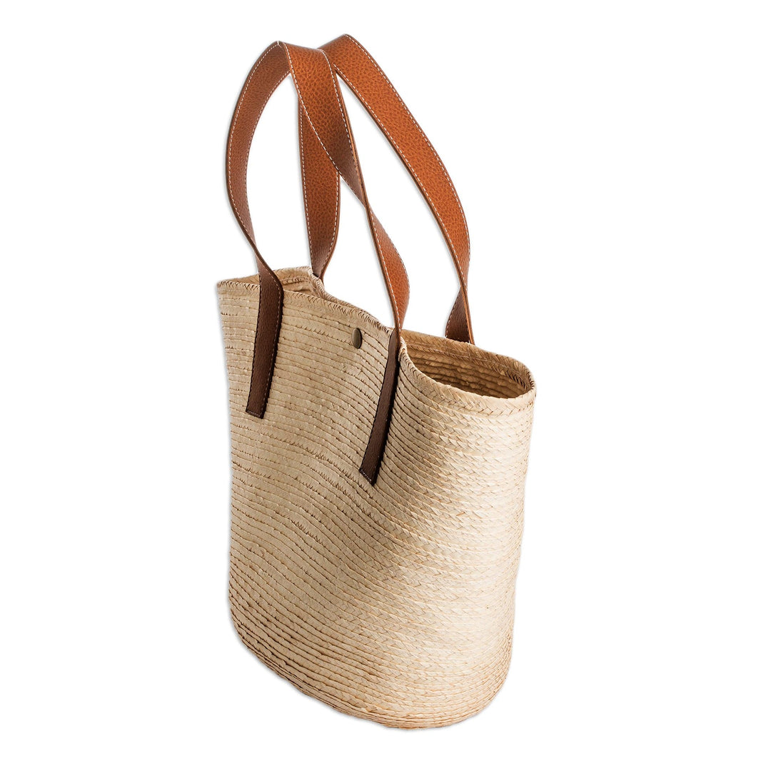 Faux-Leather Accented Beige Natural Fiber Shoulder Bag - El Zonte Beach