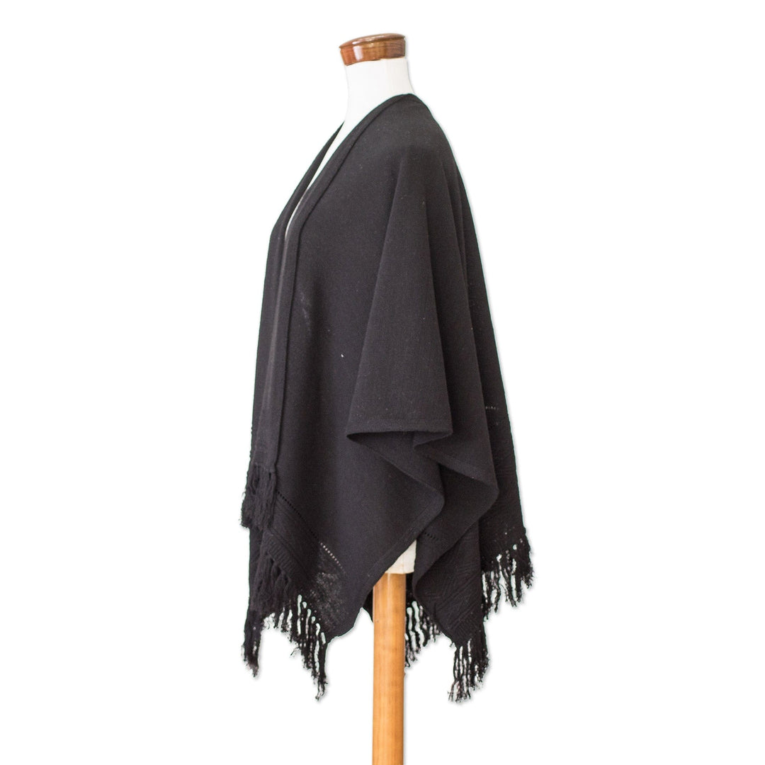Black Cotton Ruana with Fringe Handwoven in Guatemala - Natural Elegance