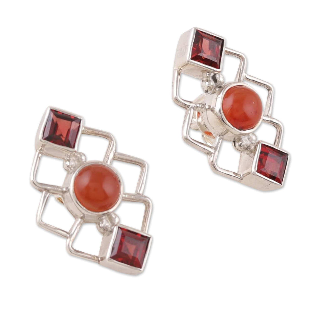 Geometric Garnet and Carnelian Button Earrings from India - Romantic Harmony