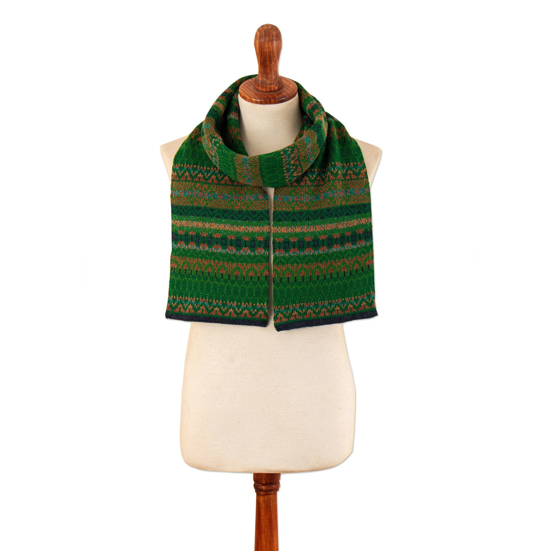 Handcrafted Geometric Patterned Green 100% Alpaca Scarf - Geometric Scapes in Green