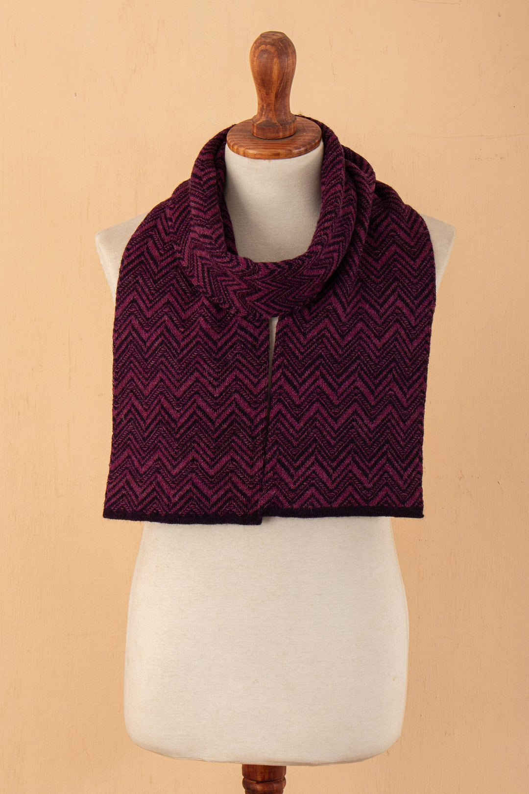 100% Alpaca Knit Scarf with Chevron Pattern in Purple Hues - Mountain Range in Berry