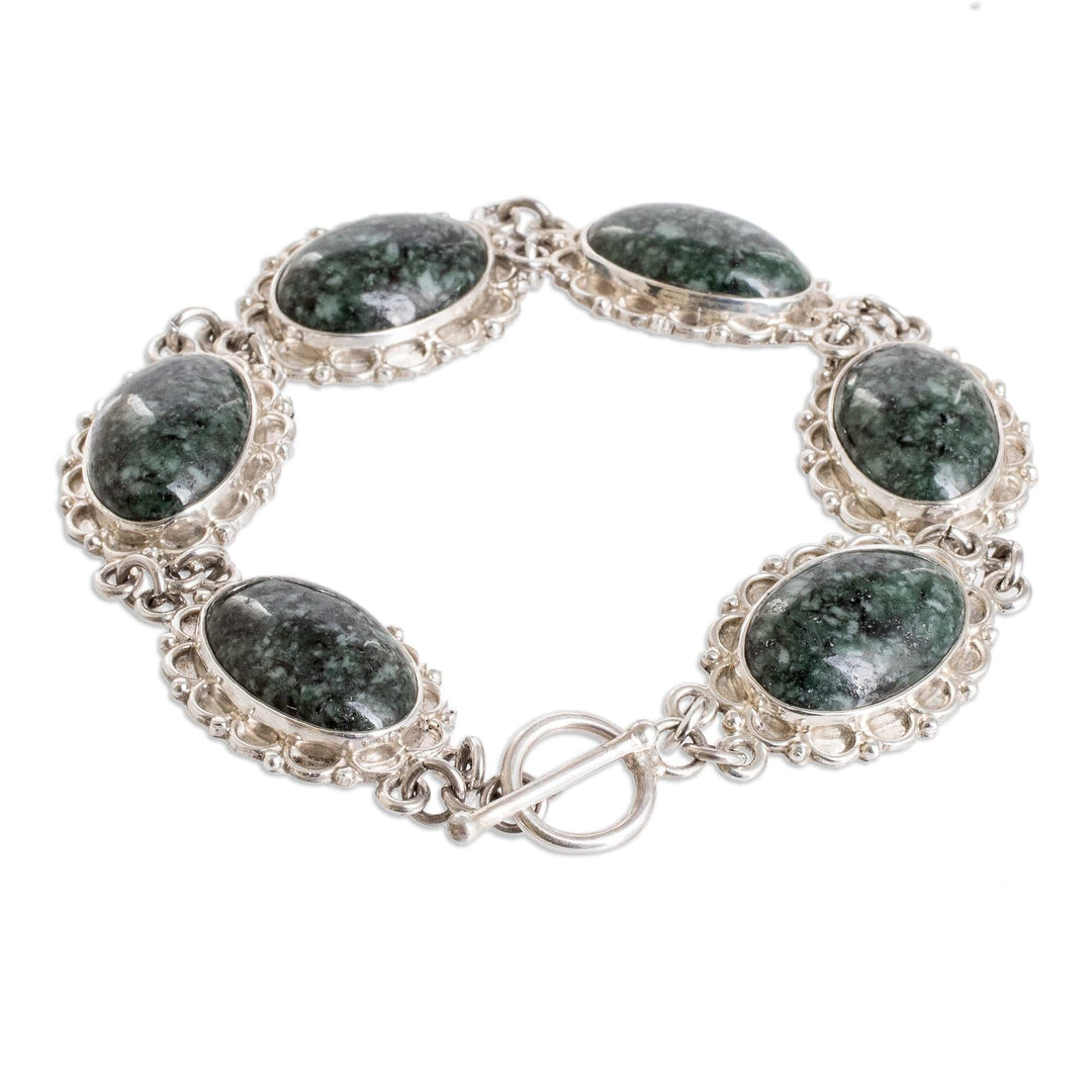 Sterling Silver Link Bracelet with Dark Green Jade Stones - Maya Queen