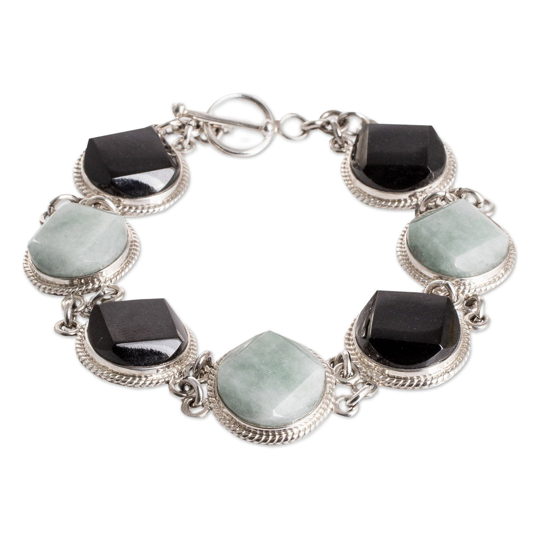 Sterling Silver Black and Apple Green Jade Link Bracelet - Glamorous Style