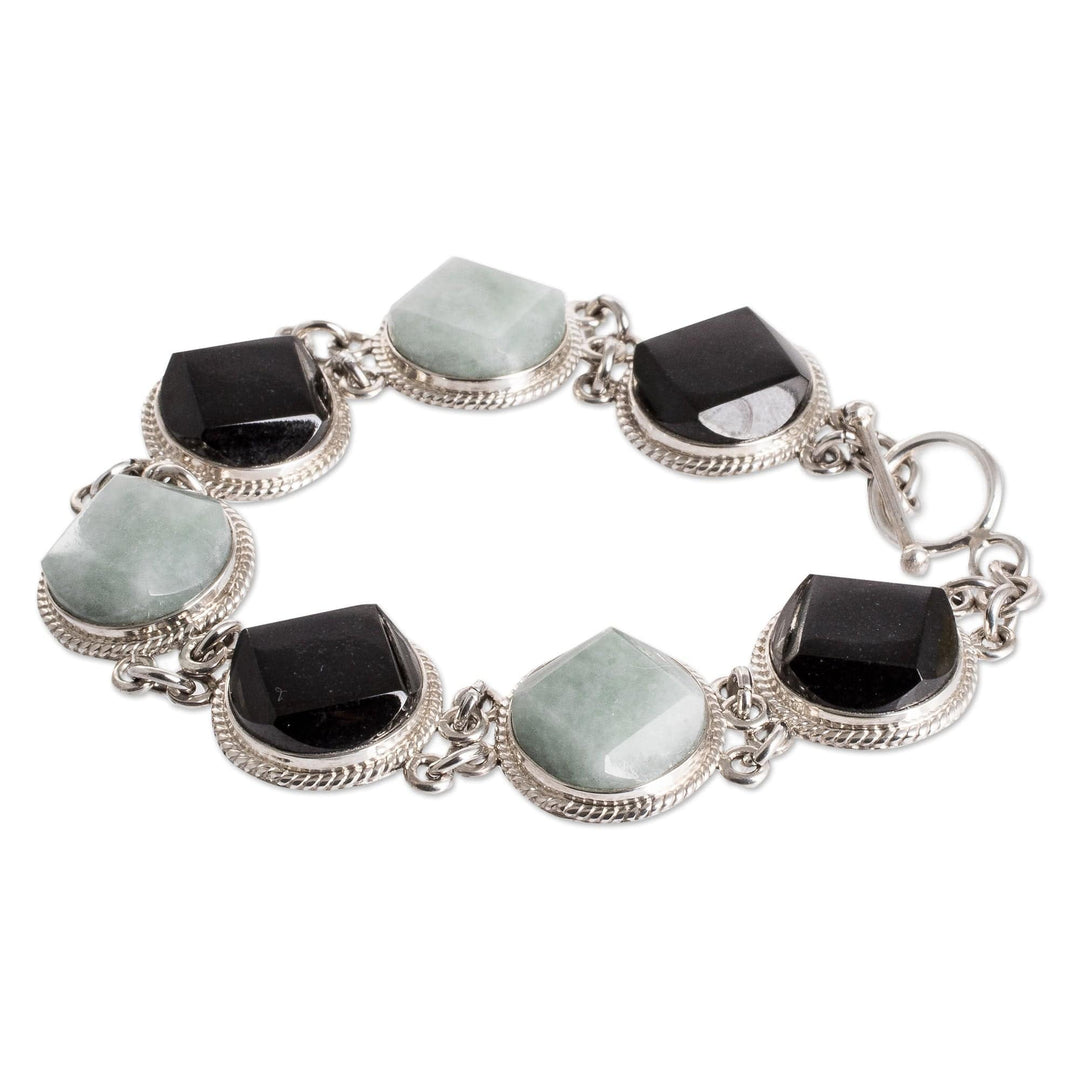 Sterling Silver Black and Apple Green Jade Link Bracelet - Glamorous Style
