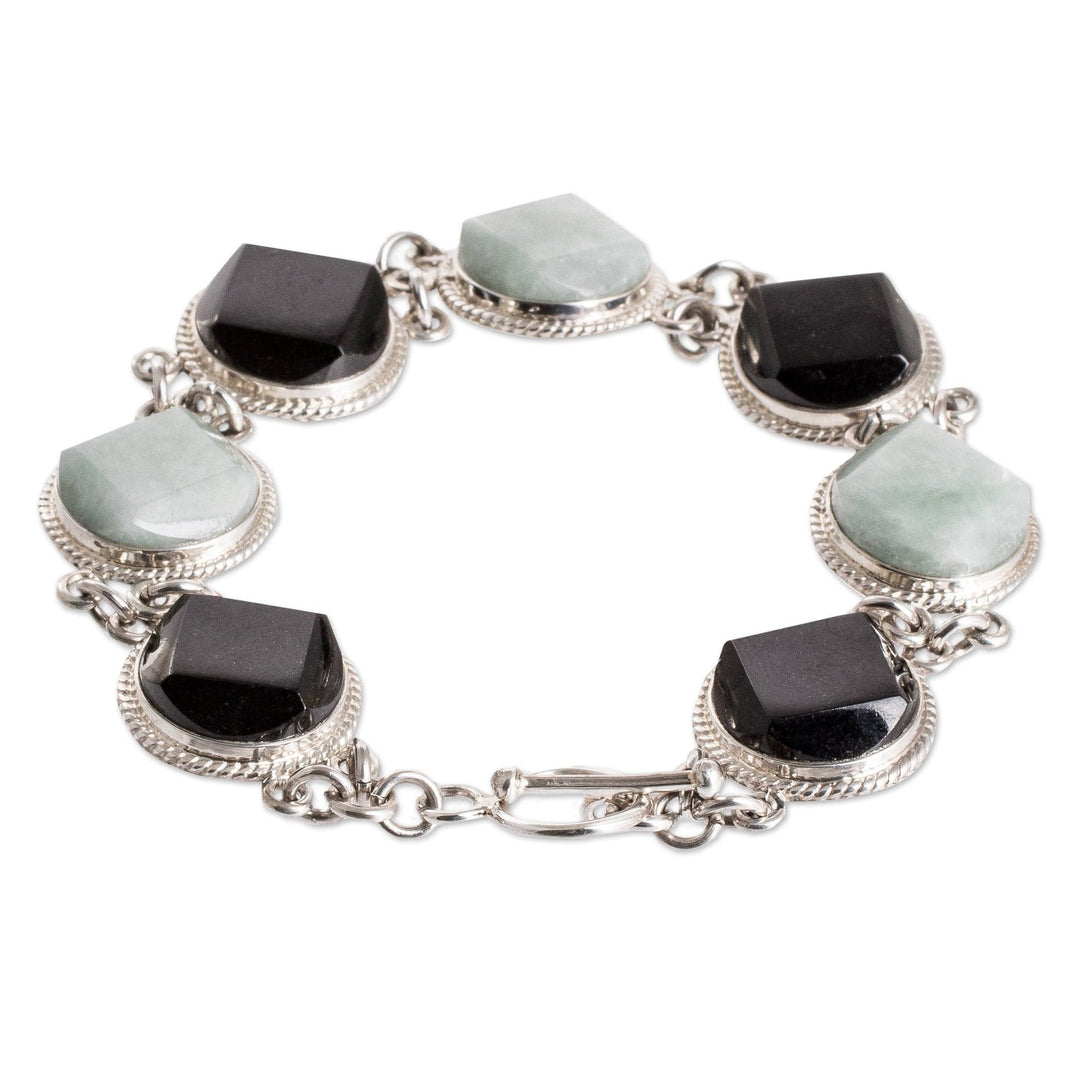 Sterling Silver Black and Apple Green Jade Link Bracelet - Glamorous Style